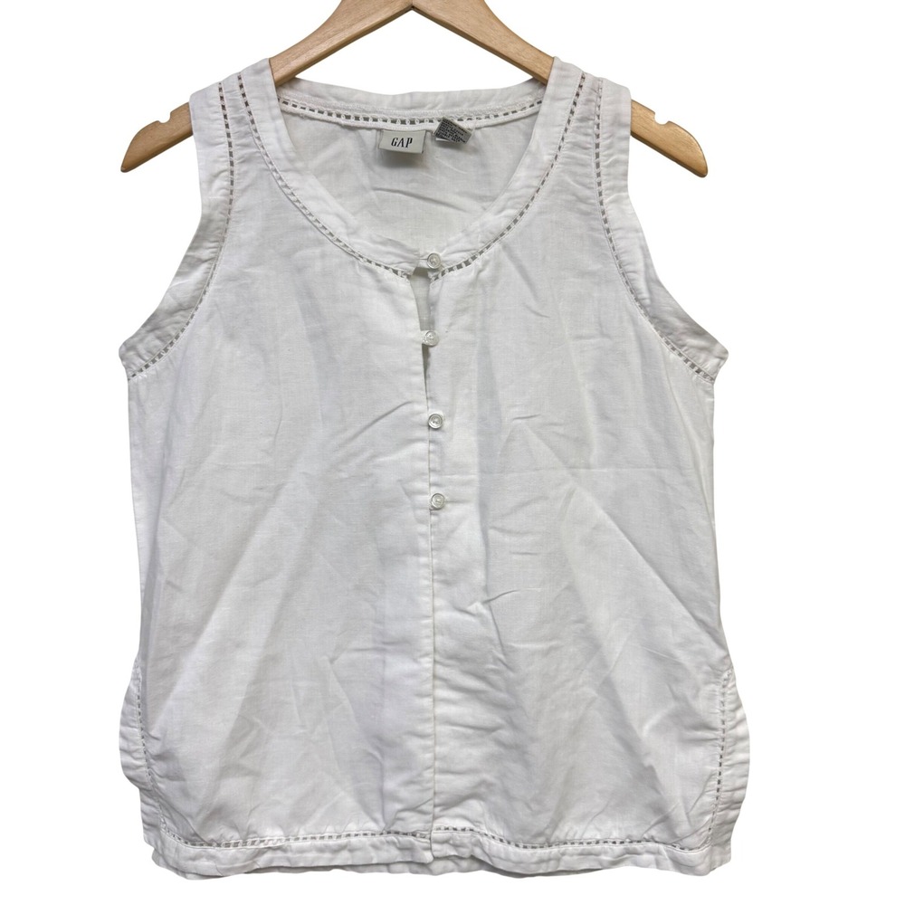 VTG Gap Women Tank Top Medium White Linen Cotton Button Front Beachy BOHO